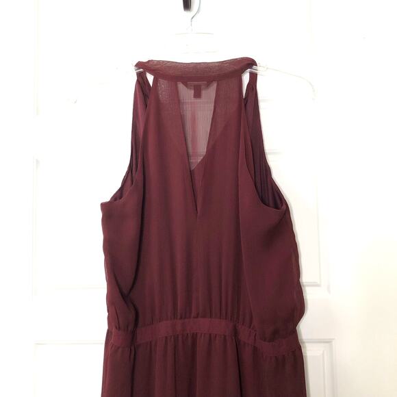 Banana Republic Wms 12 Burgundy Chiffon Tie Neck Midi Dress Academia Minimalist - Picture 5 of 11